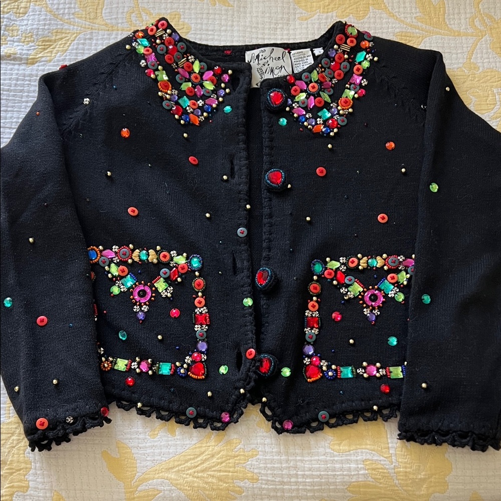 Michael Simon Black Cardigan with Colorful Beads